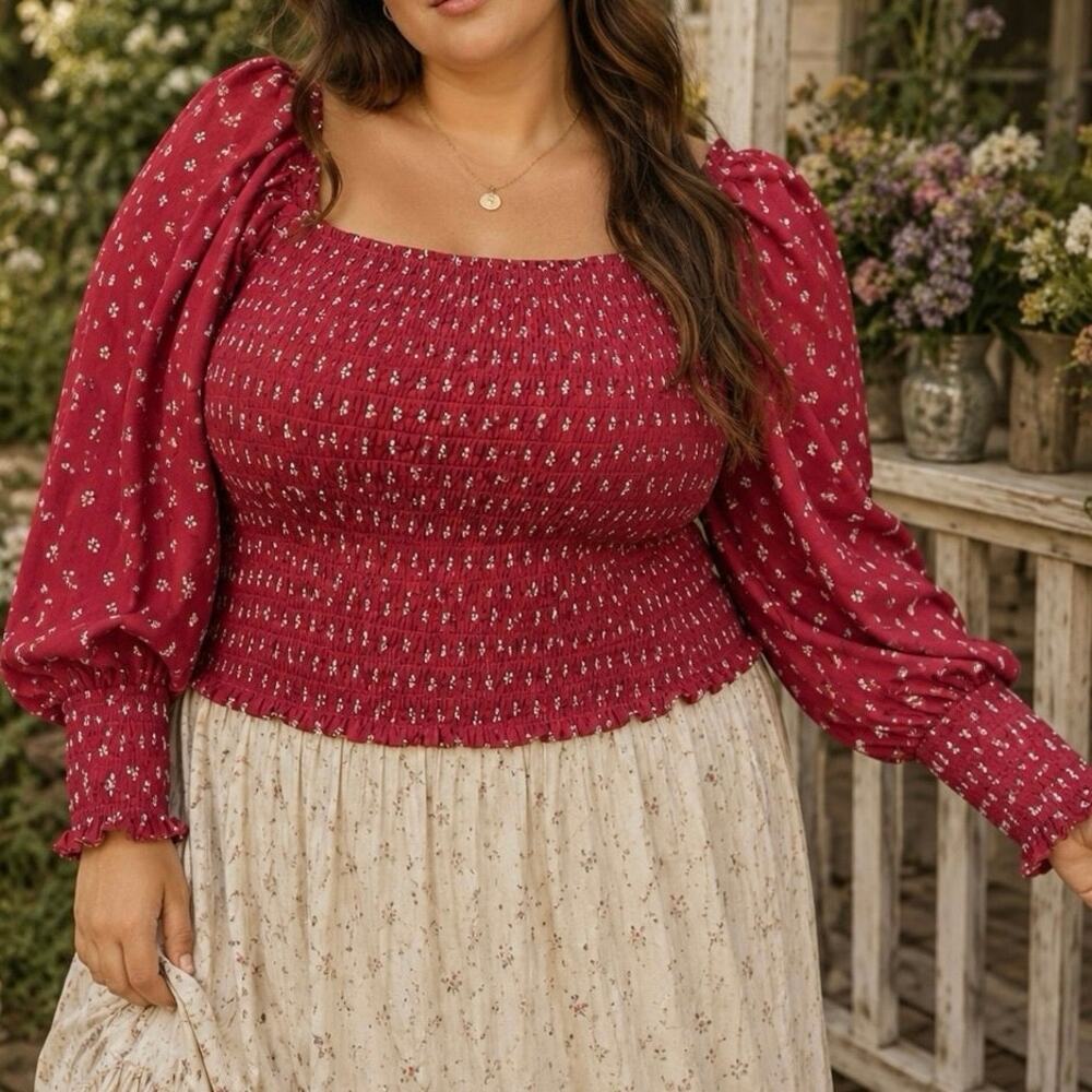 Reformation Pinto Red Floral Smocked Blouse Cottagecore Boho Plus Size 3X NWT